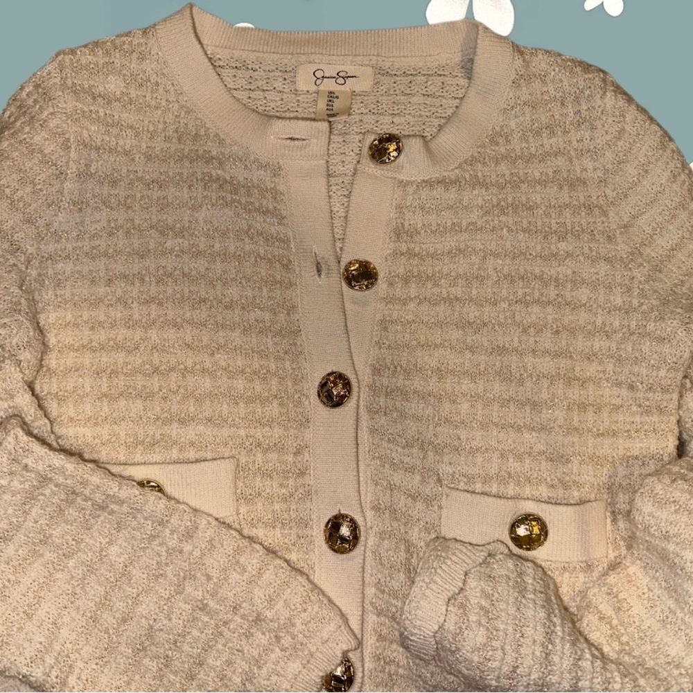 Jessica Simpson Cropped Beige Cardigan with Gold Buttons